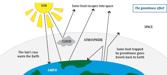 The greenhouse effect. The sun's rays warm the Earth. Some heat escapes into space through the atmosphere, Some heat trapped by greenhouse gases in the atmosphere travels back to Earth.