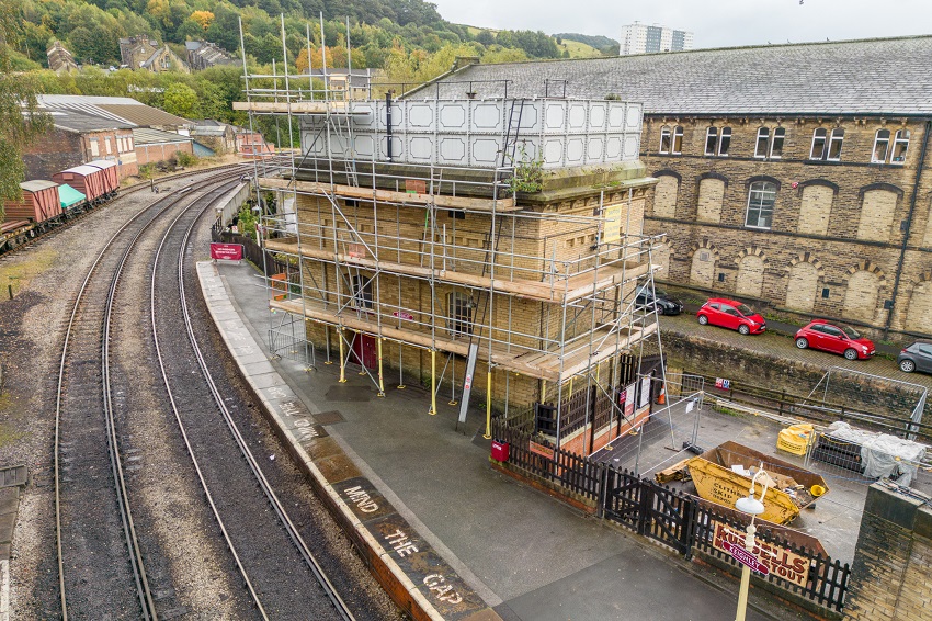 Water tower at Keighley, surrounded by scaffolding as work is underway