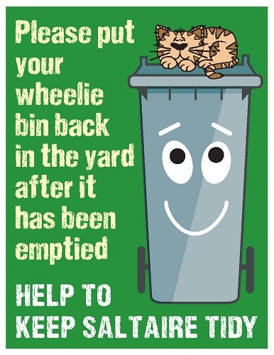 A cartoon of a smiling wheelie bin, with a card sleeping on the lid. Please put your wheelie bin back in the yard after it has been emptied. Help to keep Saltaire tidy.