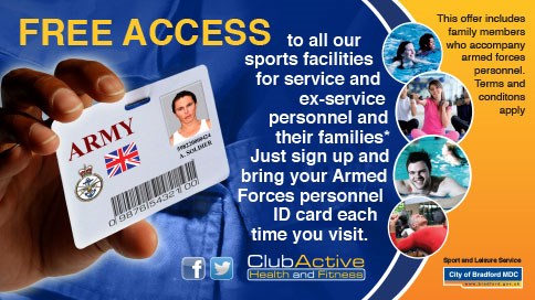 Free access to our sports facilities for service and ex-service personnel and their families. This offer includes family members who accompnay armed forces personnel. Terms and conditions apply.