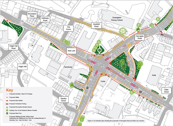 An indicative plan showing the proposals for Harrogate Road/New Line junction