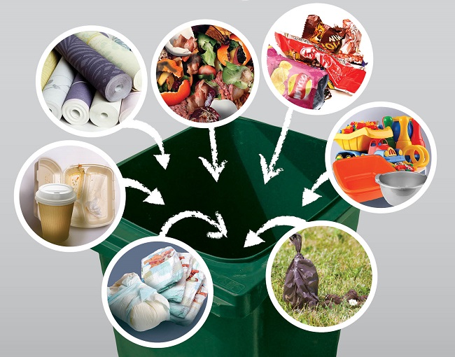 Items that go in your green general waste bin - including nappies, food waste, wallpaper, takeaway coffee cups, animal faeces, plastic washing up bowls and plastic toys, crisp packets