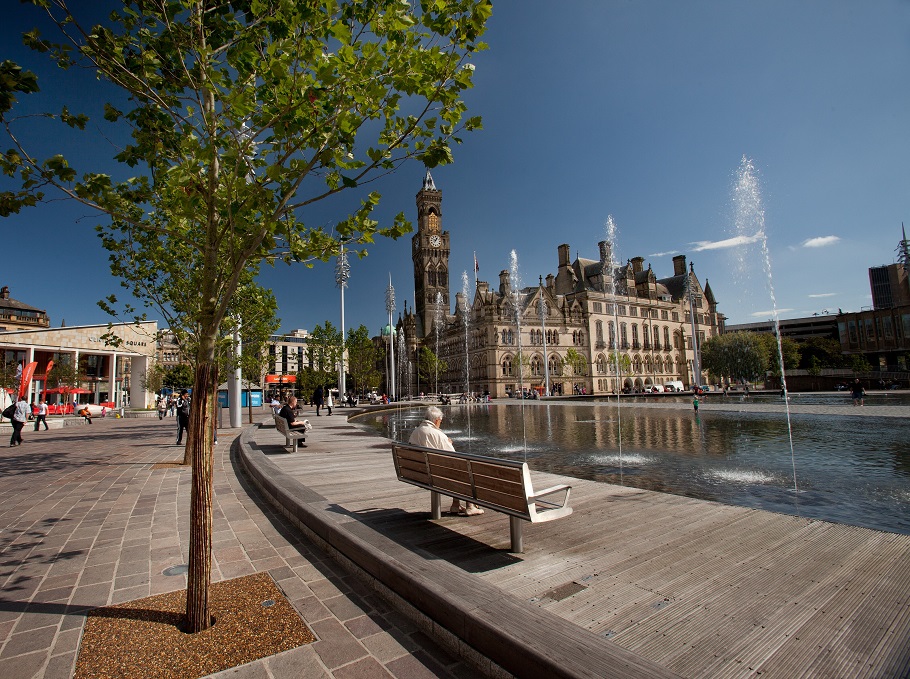 City Park and Bradford City Hall on a summer's day