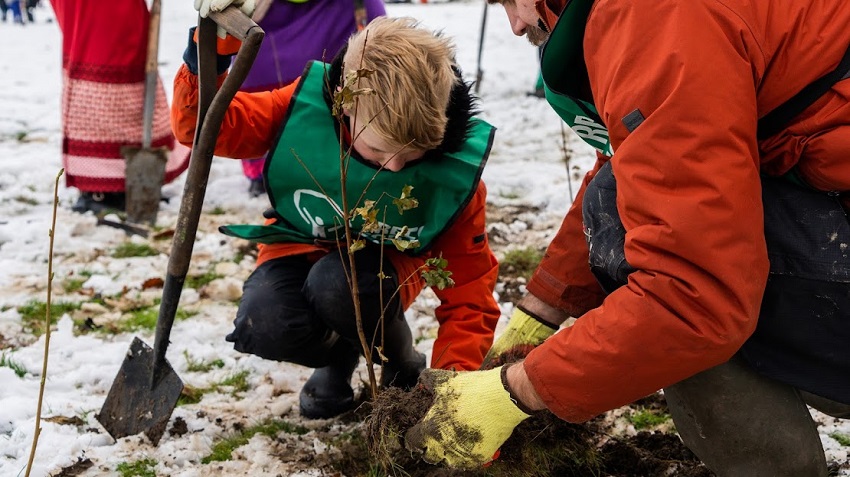 A young volunteer planting a tree at Newhall Park, Bierley.