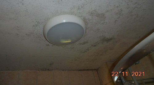 Condensation mould on a bathroom ceiling next to a light fitting