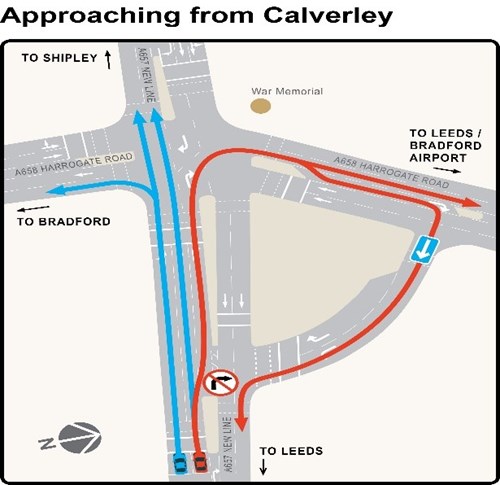 Map showing the road layout approaching from Calverley.