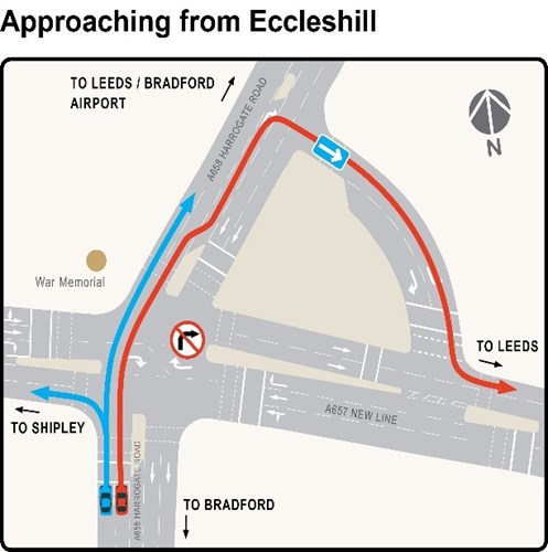 Map showing the road layout approaching from Eccleshill.