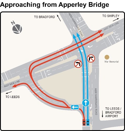Map showing the road layout approaching from Apperley Bridge.