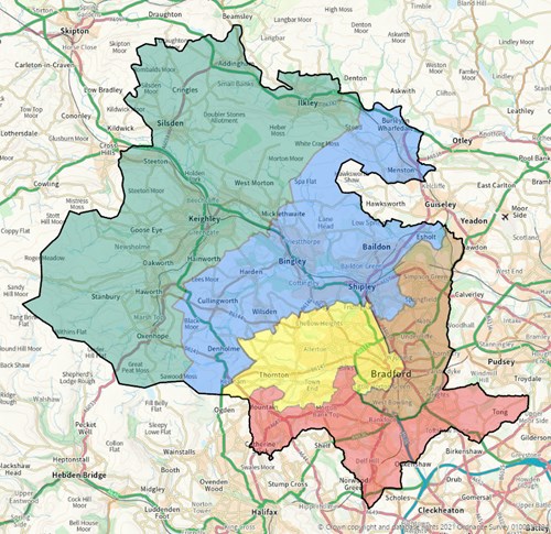 A map of West Yorkshire showing the Bradford District boundary and the boundaries of the 5 consituencies in Bradford.
