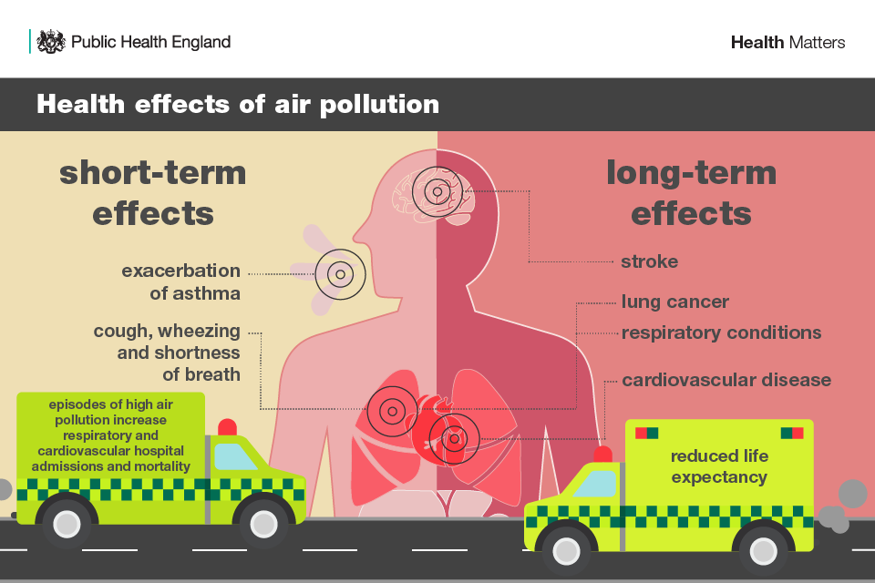 The health effects of air pollution. Short term effects on the left side include exacerbation of asthma, cough, wheezing and shortness of breath. Inside an ambulance there is text saying: episodes of high air pollution increase respiratory and cardiovascular hospital admissions and mortality. The right side of the image is long term effects which are stroke, lung cancer, respiratory conditions and cardiovascular disease. The ambulance on this side has text saying reduced life expectancy.