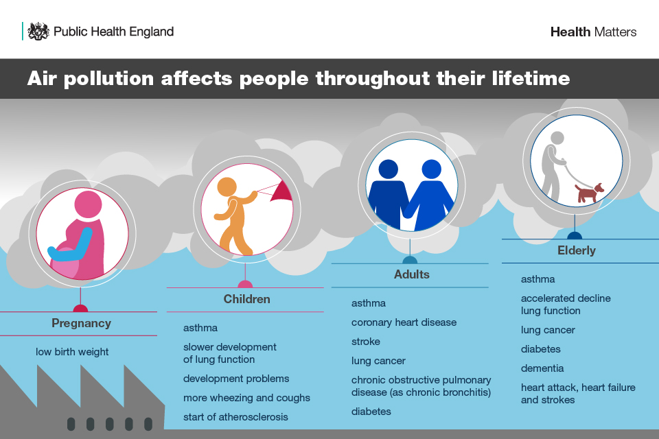 Air pollution affects people throughout their lifetime. Image shows a timeline from pregnancy through to being elderly and the affects air pollution has on a persons health. Pregnancy equals low birth rate. Children can get asthma, slower development of lung function, developmental problems, more wheezing and coughs and the start of atherosclerosis. Adults can get asthma, coronary heart disease, stroke, lung cancer, chronic obstructive pulmonary disease (bronchitis) and diabetes. The elderly group can get asthma, accelerated decline in lung function, lung cancer, diabetes, dementia and heart attack, heart failure and strokes.
