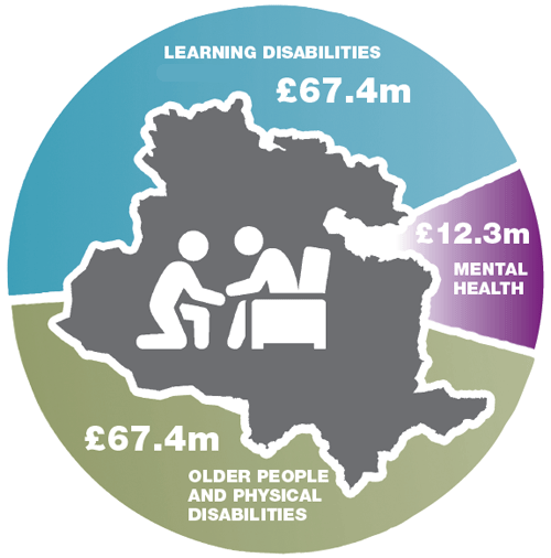 Learning Disabilities: £67.4m. Mental Health: £12.3m. Older People and Physical Disabilities: £67.4m.