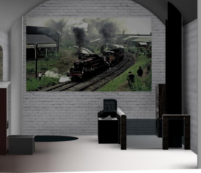 A photo of steam engines on the Worth Valley Railway, on a wall.