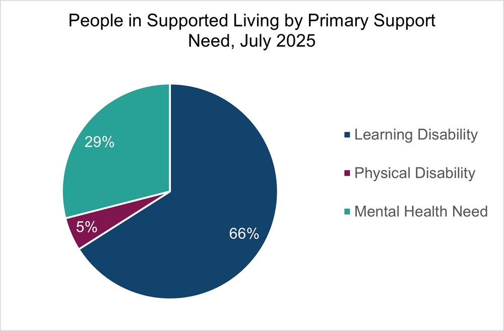 Pie chart showing people in supported living by primary support need. Primary support needs are: Learning Disability (66%), Physical Disability 5%, Mental Health Needs 29%.
