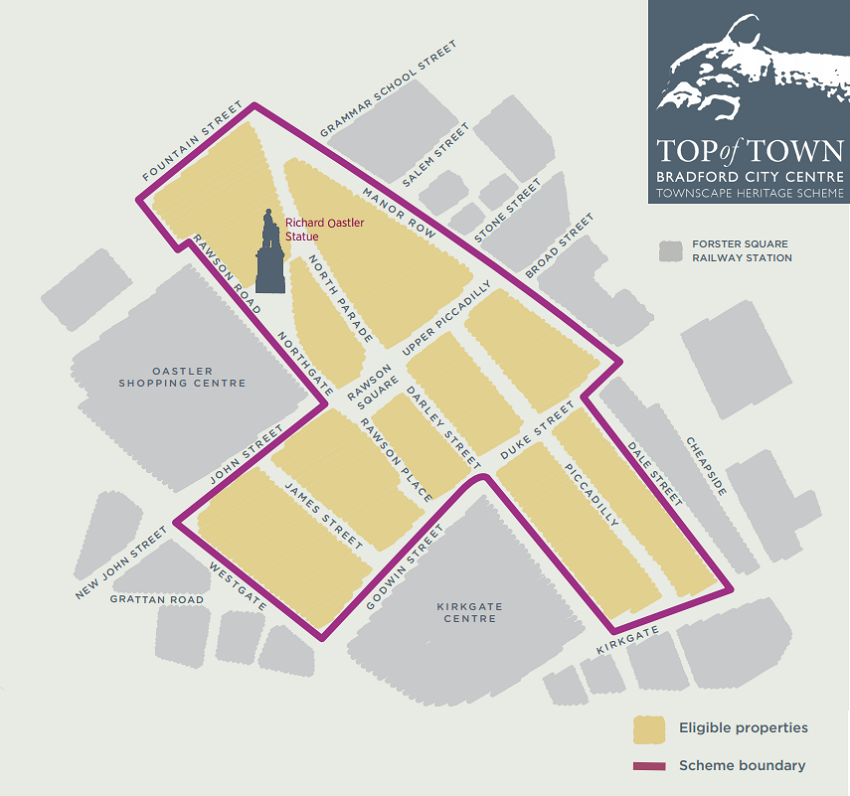 A map showing the location of the Top of Town area.