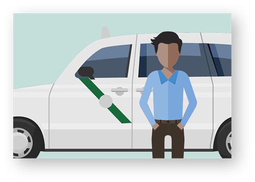 A taxi driver standing next to a taxi.