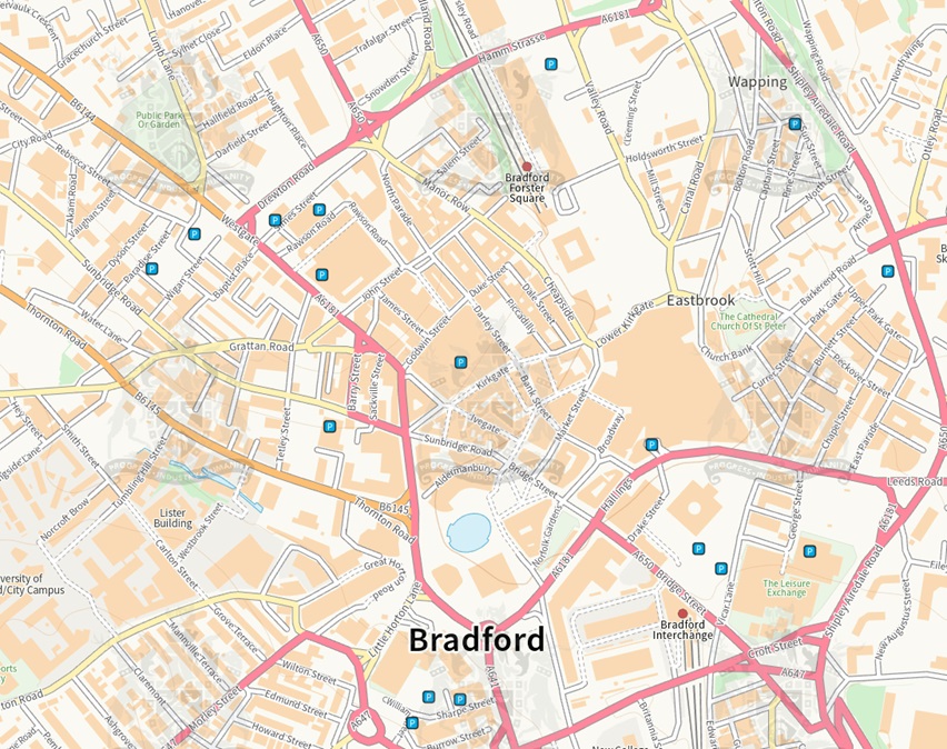 Map showing the car parks in Bradford.