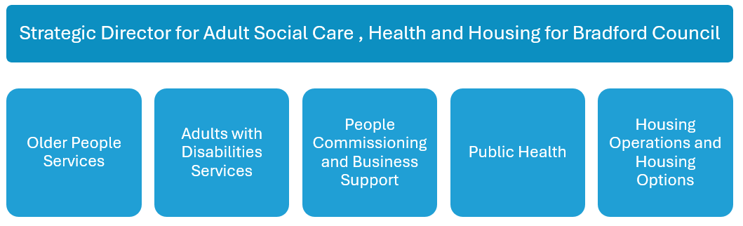 A graphic showing the structure of the department and directorates. Across the top it says Strategic Director for Adult Social Care , Health and Housing for Bradford Council. Underneath are five boxes: Older People Services, Adults with Disabilities Services, People Commissioning and Business Support, Public Health, Housing Operations and Housing Options.