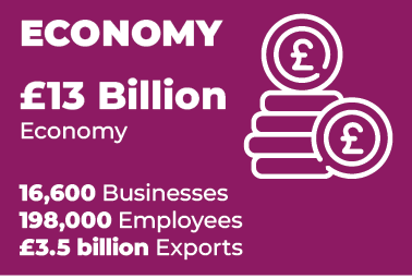 Economu. £13 Billion economy. 16,600 businesses. 198,000 employees. £3.5 billion exports.