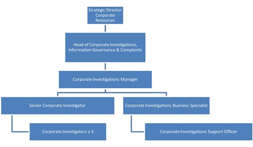 Strategic Director Corporate Resources. Head of Corporate Investigations, Information Governance and Complaints. Corporate Investigations Manager. Senior Corporate Investigator. 3 Corporate Investigators. Corporate Investigations Business Specialist. Corporate Investigations Support Officer.